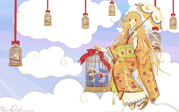 Anime picture 2560x1600 with kobato hanato kobato ioryogi long hair highres blonde hair wide image yellow eyes cloud (clouds) girl belt headdress umbrella yukata cage