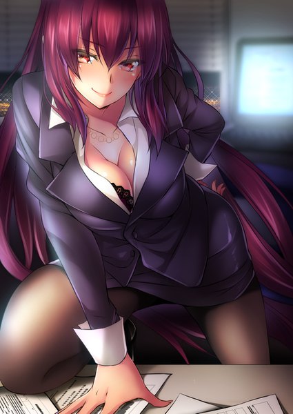 Anime picture 1032x1457 with fate (series) fate/grand order scathach (fate) (all) scathach (fate) mia (gute-nacht-07) single long hair tall image looking at viewer blush light erotic smile red eyes cleavage red hair office lady girl skirt pantyhose suit
