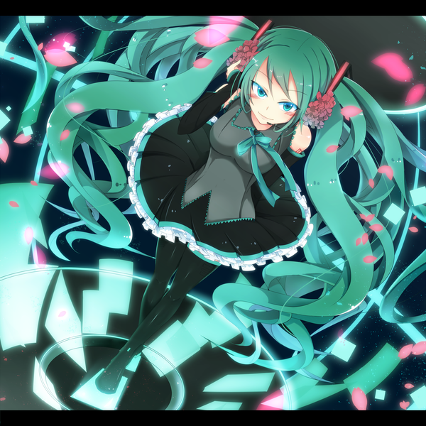 Anime picture 1760x1760 with vocaloid hatsune miku bloodcatblack (tsukiko) single long hair blush highres smile twintails pleated skirt hair flower aqua eyes from above aqua hair girl thighhighs skirt hair ornament flower (flowers) black thighhighs