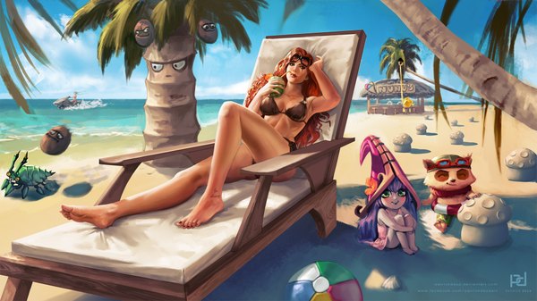 Anime picture 1920x1080 with league of legends jinx (league of legends) katarina (league of legends) lulu (league of legends) teemo (league of legends) blitzcrank (league of legends) nunu (league of legends) patrick deza long hair blush highres breasts light erotic smile wide image multiple girls green eyes purple hair orange hair beach