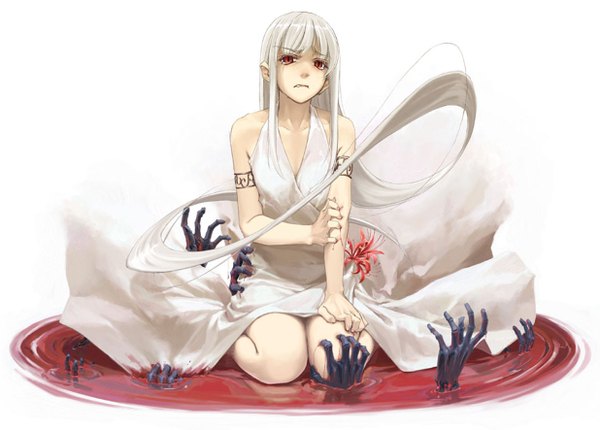 Anime picture 1235x886 with sound horizon lafrenze hidari (left side) long hair red eyes white background white hair girl