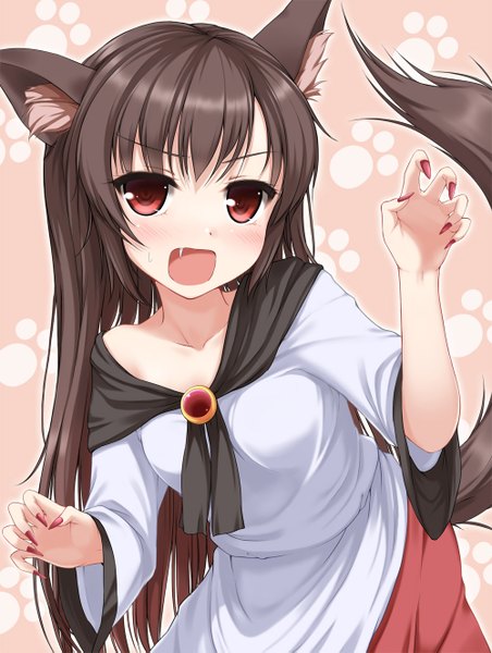 Anime picture 1000x1325 with touhou imaizumi kagerou tokugawa landine single long hair tall image looking at viewer blush black hair red eyes animal ears tail animal tail teeth fang (fangs) girl dress