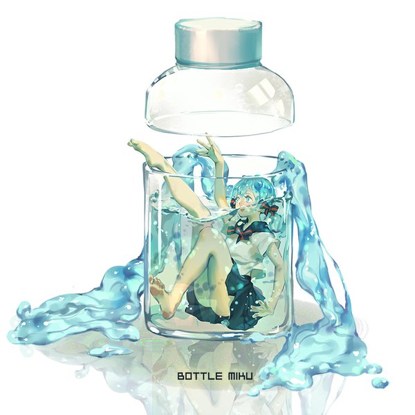 Anime picture 827x827 with vocaloid hatsune miku bottle miku yuukaku single fringe open mouth twintails looking away very long hair pleated skirt barefoot bare legs legs character names outstretched arm happy reflection leg up in container