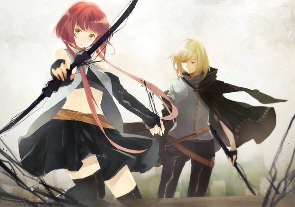 Anime picture 1600x1127 with original shiin (artist) long hair looking at viewer short hair blonde hair twintails bare shoulders green eyes looking away red hair girl thighhighs boy skirt gloves black thighhighs elbow gloves fingerless gloves cape