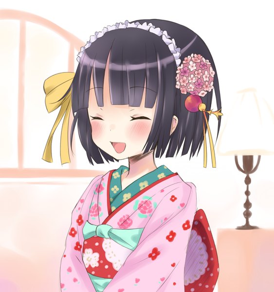Anime picture 2414x2573 with ikoku meiro no croisee satelight yune (ikoku meiro no croisee) pokachu tall image blush highres short hair open mouth black hair smile eyes closed japanese clothes hair flower loli girl hair ornament bow ribbon (ribbons) hair bow