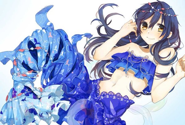 Anime picture 1000x678 with love live! school idol project sunrise (studio) love live! sonoda umi moegi0926 single long hair looking at viewer blush bare shoulders yellow eyes purple hair bare belly swimming girl navel hair ornament mermaid