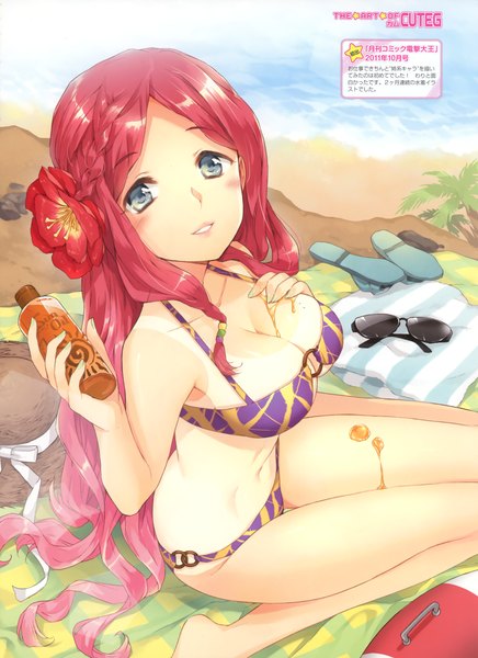 Anime picture 2469x3394 with original cuteg long hair tall image highres blue eyes light erotic red hair hair flower sunglasses removed girl hair ornament swimsuit hat bikini water sunglasses bottle