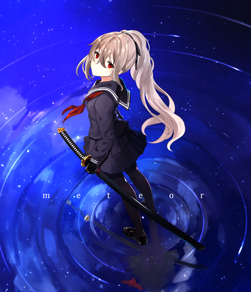 Anime picture 1077x1255 with original chamnaitu single long hair tall image looking at viewer fringe hair between eyes red eyes brown hair standing holding full body ponytail from above grey hair reflection gradient hair ripples girl