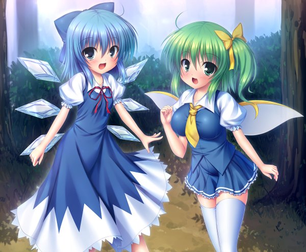 Anime picture 1214x1000 with touhou cirno daiyousei takeponi looking at viewer blush short hair open mouth blue eyes multiple girls green eyes blue hair green hair one side up girl thighhighs dress bow 2 girls plant (plants)