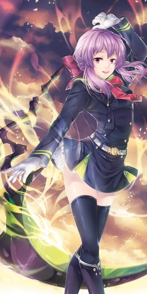 Anime picture 827x1654 with owari no seraph wit studio hiiragi shinoa silverbin single long hair tall image looking at viewer open mouth red eyes purple hair girl thighhighs gloves bow weapon black thighhighs hair bow white gloves scythe