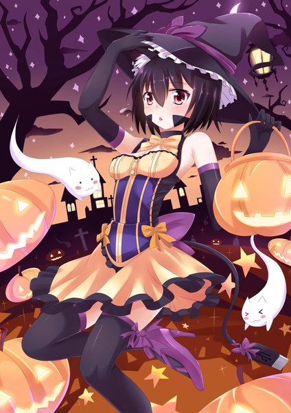 Anime picture 2480x3507 with original nugi (armenci) single tall image looking at viewer blush highres short hair open mouth black hair red eyes bare shoulders halloween girl thighhighs dress gloves black thighhighs hat black gloves