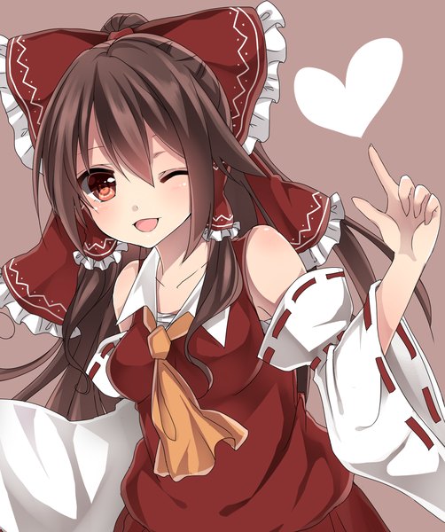 Anime picture 1441x1723 with touhou hakurei reimu yamasuta single long hair tall image looking at viewer blush open mouth simple background smile brown hair bare shoulders brown eyes traditional clothes one eye closed wink miko girl skirt