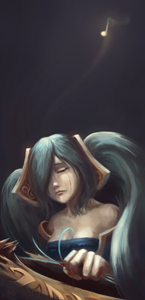 Anime picture 600x1240 with league of legends sona buvelle cubehero single long hair tall image fringe bare shoulders eyes closed hair over one eye crying girl blood teardrop musical note harp