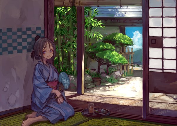 Anime picture 1405x1000 with original suzuno (bookshelf) single looking at viewer short hair sitting purple eyes holding traditional clothes japanese clothes barefoot grey hair eyeshadow girl plant (plants) tree (trees) kimono obi fan glass