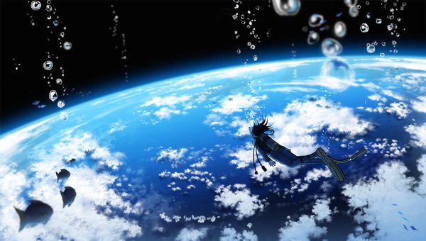 Anime picture 1500x852 with original amemura single long hair black hair wide image space diving girl animal water bubble (bubbles) fish (fishes) planet earth diving mask flippers