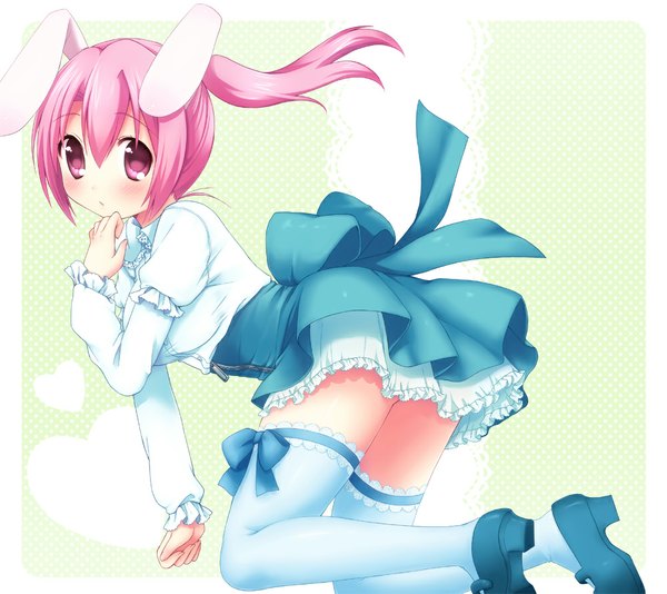Anime picture 1000x890 with original usashiro mani single long hair blush pink hair pink eyes bunny ears girl thighhighs dress white thighhighs