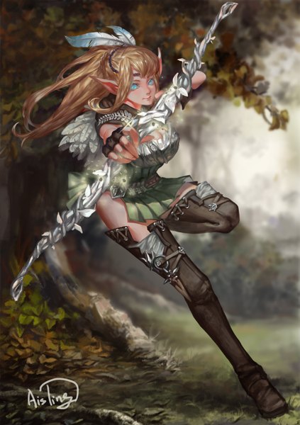 Anime picture 2331x3307 with original aisling (pixiv) single long hair tall image highres blue eyes blonde hair signed ponytail pointy ears elf leg lift (legs lift) girl dress gloves weapon plant (plants) tree (trees) fingerless gloves