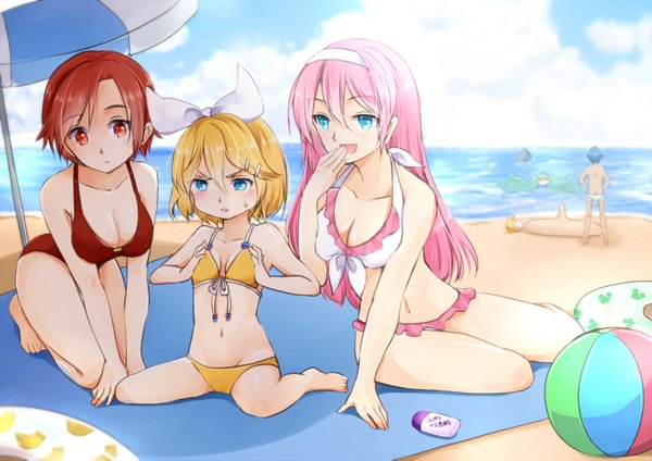 Anime picture 1450x1025 with vocaloid hatsune miku megurine luka kagamine rin kagamine len kaito (vocaloid) meiko hazuki natsu long hair blush short hair breasts open mouth blue eyes light erotic blonde hair red eyes brown hair large breasts sitting