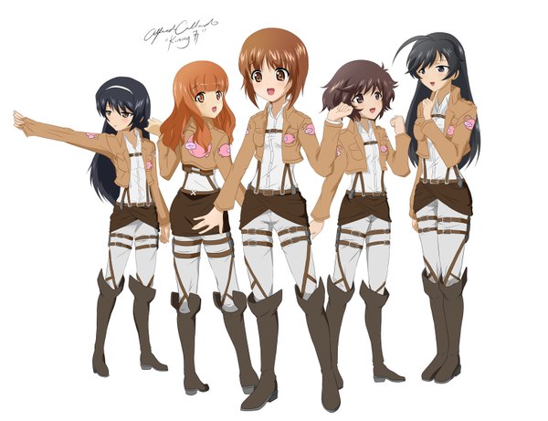 Anime picture 1564x1202 with shingeki no kyojin girls und panzer production i.g nishizumi miho akiyama yukari takebe saori reizei mako isuzu hana kimmy77 long hair short hair open mouth black hair simple background brown hair white background multiple girls brown eyes orange hair open clothes