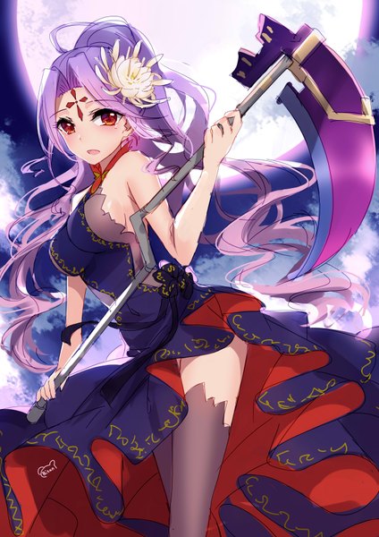 Anime picture 2480x3507 with crusaders quest (game) bison cangshu single long hair tall image looking at viewer blush highres breasts open mouth red eyes large breasts bare shoulders holding purple hair cloud (clouds) ponytail hair flower night leaning