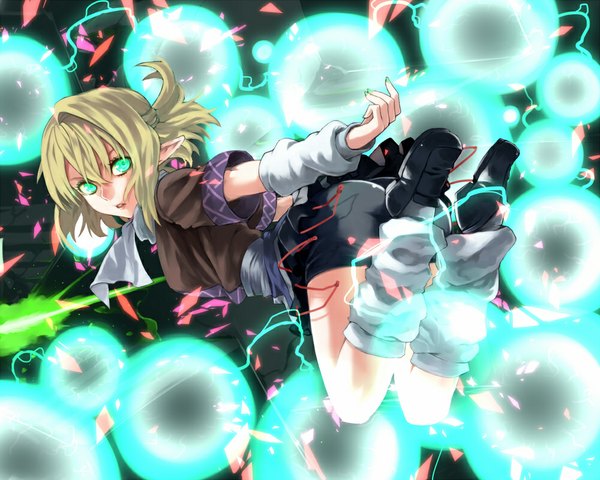 Anime picture 1000x800 with touhou mizuhashi parsee hinomoto madoka single short hair open mouth blonde hair green eyes nail polish looking back pointy ears glowing glowing eye (eyes) girl detached sleeves socks shorts gaiters