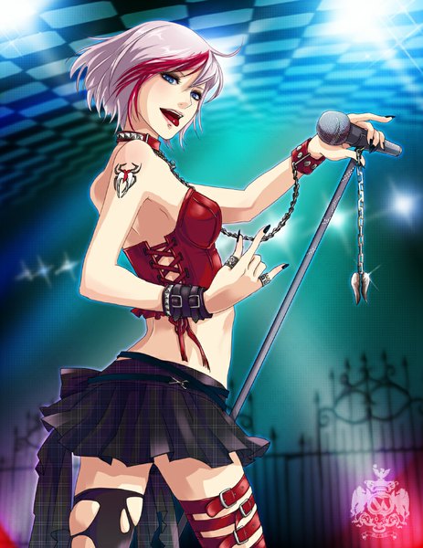 Anime picture 850x1100 with type-h vocaloid sakerune meiko momopanda single tall image short hair open mouth blue eyes blonde hair torn clothes girl miniskirt tongue chain ring collar microphone microphone stand trinket