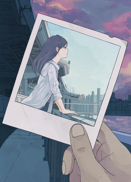 Anime picture 1014x1404 with original 456 long hair tall image fringe holding blue hair sky cloud (clouds) long sleeves profile fingernails mole arm support mole under eye city evening sunset looking up solo focus