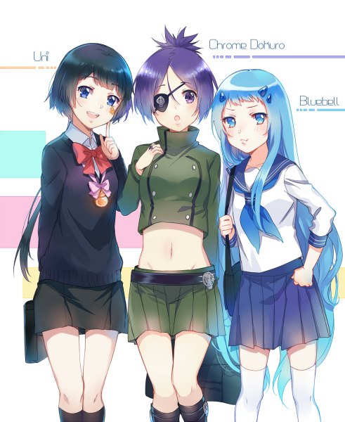 Anime picture 981x1200 with katekyou hitman reborn chrome dokuro uni (khr) bluebell ekita xuan long hair tall image looking at viewer blush short hair open mouth blue eyes black hair purple eyes multiple girls blue hair purple hair bare belly alternate costume zettai ryouiki