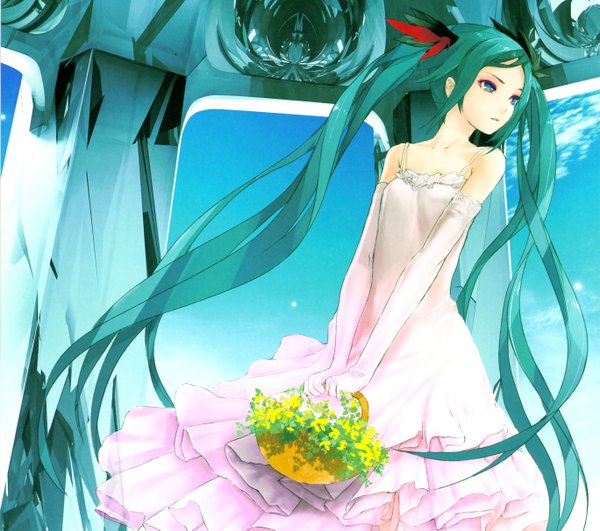 Anime picture 2735x2425 with vocaloid world is mine (vocaloid) hatsune miku redjuice long hair highres blue eyes twintails blue hair looking away absurdres sky very long hair aqua hair girl dress gloves flower (flowers) elbow gloves white dress