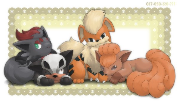 Anime picture 1040x600 with pokemon nintendo zorua vulpix growlithe houndour ditb wide image one eye closed wink framed multiple tails gen 1 pokemon gen 2 pokemon gen 5 pokemon pokemon number animal pokemon (creature) fox