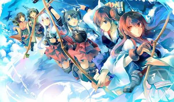 Anime picture 1170x685 with kantai collection kaga aircraft carrier akagi aircraft carrier shoukaku aircraft carrier zuikaku aircraft carrier souryuu aircraft carrier hiryuu aircraft carrier kirero (pixiv) long hair fringe short hair open mouth blue eyes black hair red eyes brown hair wide image twintails multiple girls brown eyes