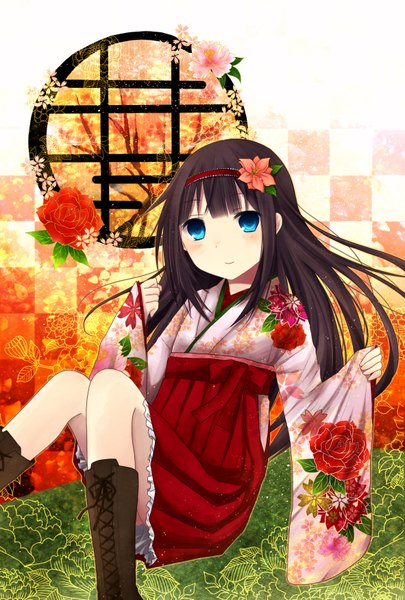 Anime picture 1181x1748 with original amano sora (artist) single long hair tall image looking at viewer blush blue eyes black hair traditional clothes japanese clothes hair flower girl hair ornament flower (flowers) boots hairband