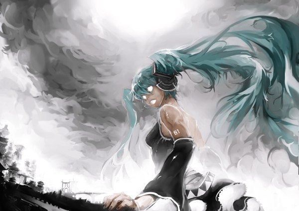 Anime picture 1273x900 with vocaloid hatsune miku kimahri215 single long hair open mouth twintails bare shoulders sky cloud (clouds) nail polish aqua hair blank eyes girl detached sleeves