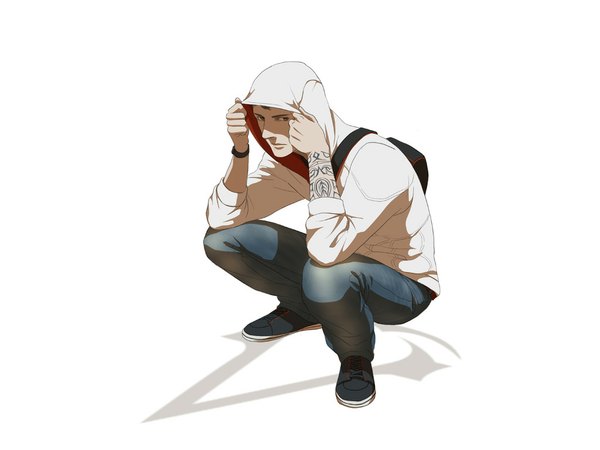 Anime picture 1024x768 with assassin's creed (game) desmond miles single simple background white background brown eyes tattoo squat boy shoes hood clock jeans pocket watch