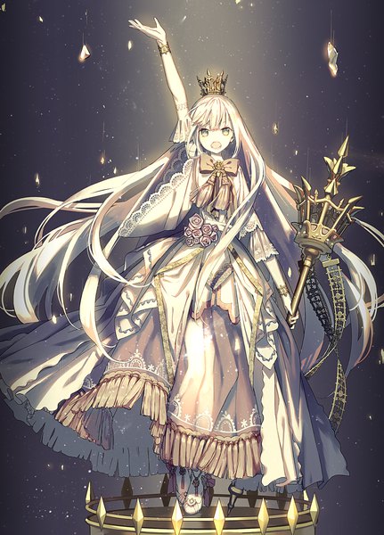 Anime picture 1322x1839 with original zaza (x-can01) single tall image looking at viewer open mouth blonde hair standing twintails holding yellow eyes full body very long hair arm up dark background girl dress flower (flowers) bow shoes