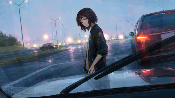 Anime picture 2000x1125 with original shion (mirudakemann) single looking at viewer highres short hair brown hair wide image purple eyes cloud (clouds) parted lips blurry open jacket dutch angle lens flare rain wet clothes street twilight girl