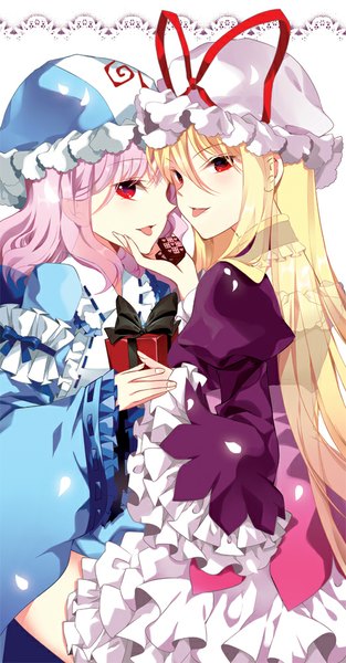 Anime picture 522x1000 with touhou yakumo yukari saigyouji yuyuko roh nam kyung long hair tall image blush short hair blonde hair red eyes multiple girls pink hair :p girl dress 2 girls petals food sweets tongue