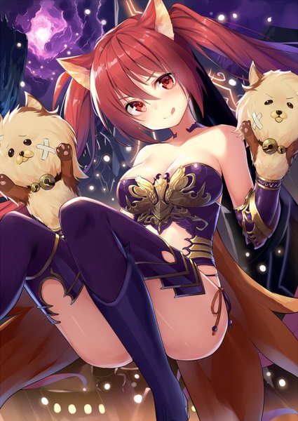 Anime picture 1062x1500 with shingeki no bahamut granblue fantasy cerberus (shingeki no bahamut) alexmaster single tall image looking at viewer blush fringe breasts open mouth light erotic smile hair between eyes red eyes twintails bare shoulders animal ears looking away cloud (clouds)