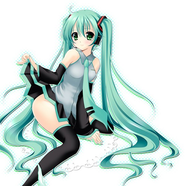 Anime picture 1000x1001 with vocaloid hatsune miku mizukoshi mayu single tall image simple background white background twintails bare shoulders green eyes very long hair aqua hair girl thighhighs skirt black thighhighs detached sleeves miniskirt necktie headphones