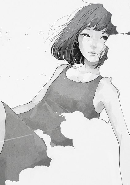 Anime picture 1408x2000 with original tae (artist) single tall image short hair open mouth black hair sitting bare shoulders looking away cloud (clouds) lips black eyes monochrome crying sad girl dress