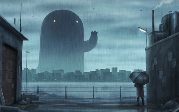 Anime picture 1280x800 with original ka92 (pixiv) single wide image standing from behind wet back city rain river boy animal water boots bird (birds) building (buildings) umbrella cloak lamppost