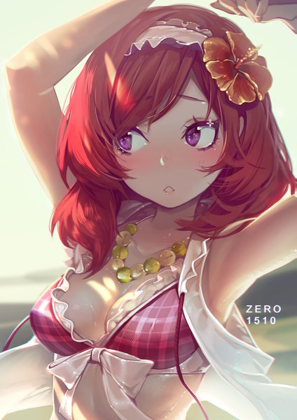 Anime picture 1060x1500 with love live! school idol project sunrise (studio) love live! nishikino maki zero1510 single long hair tall image blush fringe breasts light erotic large breasts standing purple eyes signed looking away cleavage upper body red hair