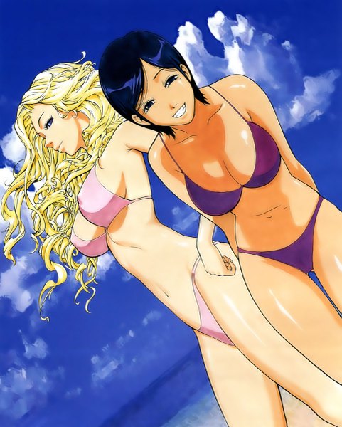 Anime picture 963x1200 with veritas linus vera shinra yun kim dong-hoon long hair tall image looking at viewer short hair breasts blue eyes light erotic blonde hair smile multiple girls blue hair sky cloud (clouds) girl 2 girls swimsuit