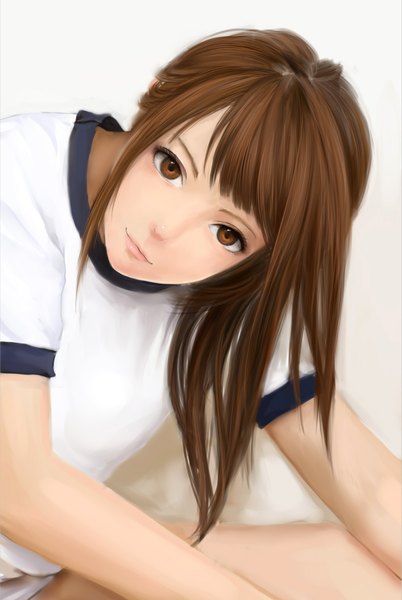 Anime picture 1309x1954 with original moekyon single long hair tall image simple background brown hair white background brown eyes realistic girl uniform gym uniform buruma