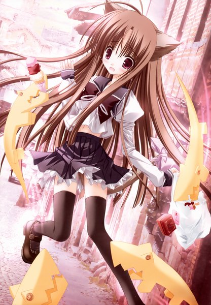 Anime picture 4867x7009 with original byakuya chakai (artbook) tinker bell single long hair tall image highres red eyes brown hair animal ears absurdres pleated skirt city girl thighhighs black thighhighs