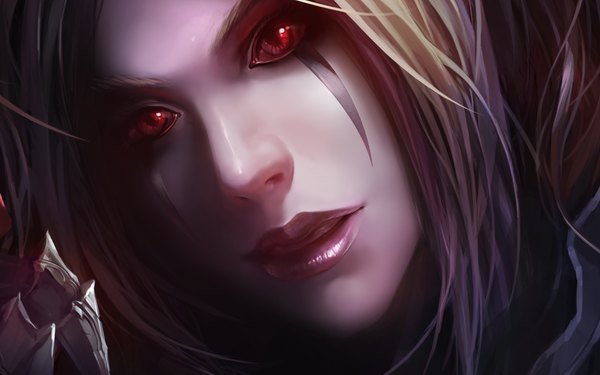 Anime picture 1280x800 with world of warcraft blizzard entertainment sylvanas windrunner chenbo single blonde hair red eyes wide image realistic facial mark glowing portrait close-up elf demon girl face glowing eye (eyes) face paint girl armor