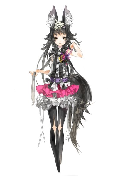 Anime picture 832x1241 with original k ototo (artist) single long hair tall image looking at viewer black hair simple background white background brown eyes animal ears tail animal tail sleeveless girl pantyhose belt tiara