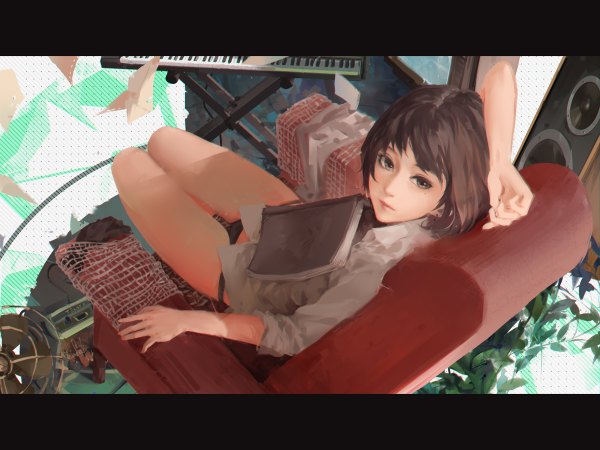 Anime picture 1200x900 with original jn3 single looking at viewer fringe short hair light erotic brown hair sitting brown eyes bent knee (knees) from above letterboxed hand on head girl underwear panties shirt white shirt book (books)