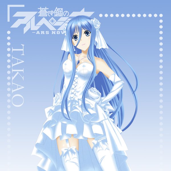 Anime picture 3000x3000 with aoki hagane no arpeggio takao (aoki hagane no arpeggio) jishou roukyuu single long hair looking at viewer highres blue eyes blue hair girl thighhighs dress gloves hair ornament black thighhighs elbow gloves white gloves