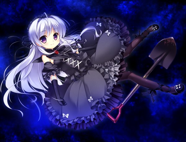 Anime picture 1174x900 with natsukumo yururu single long hair blush purple eyes game cg white hair lolita fashion girl dress gloves frills headdress shovel